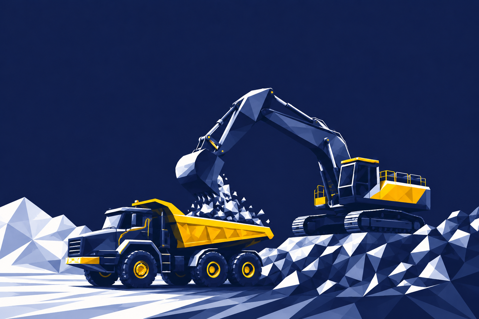 Kaivinkone lastaa kiviainesta dumpperin lavalle työmaalla – low-poly-kuvitus.
