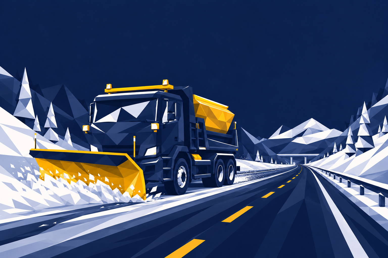 Tienhoitoauto aurausterineen lumisella maantiellä – low-poly-kuvitus.