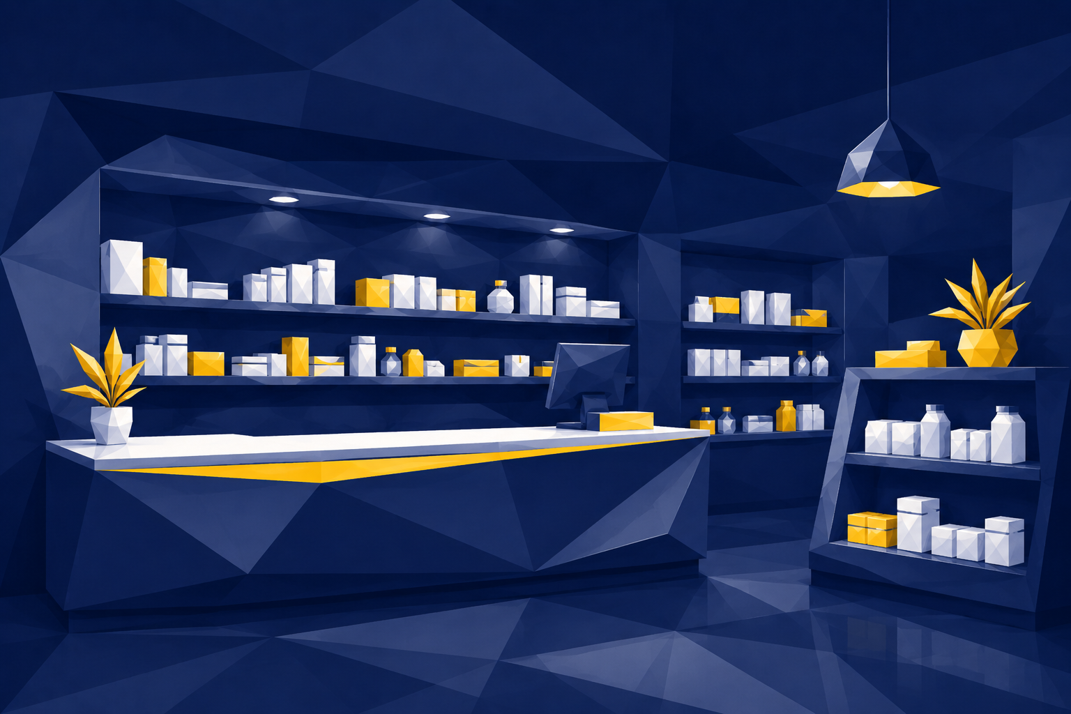 Modernin apteekin sisätila: kassatiski, hyllyt ja tuotteet – low-poly-kuvitus.